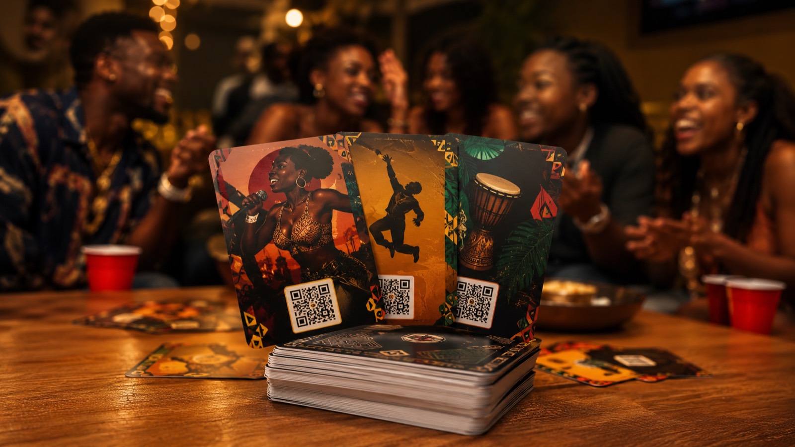 A fanned PlayDeck hand and deck on a table, players laughing behind it