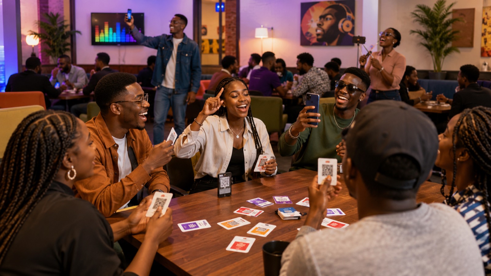 A group around a table scanning PlayDeck cards with their phones